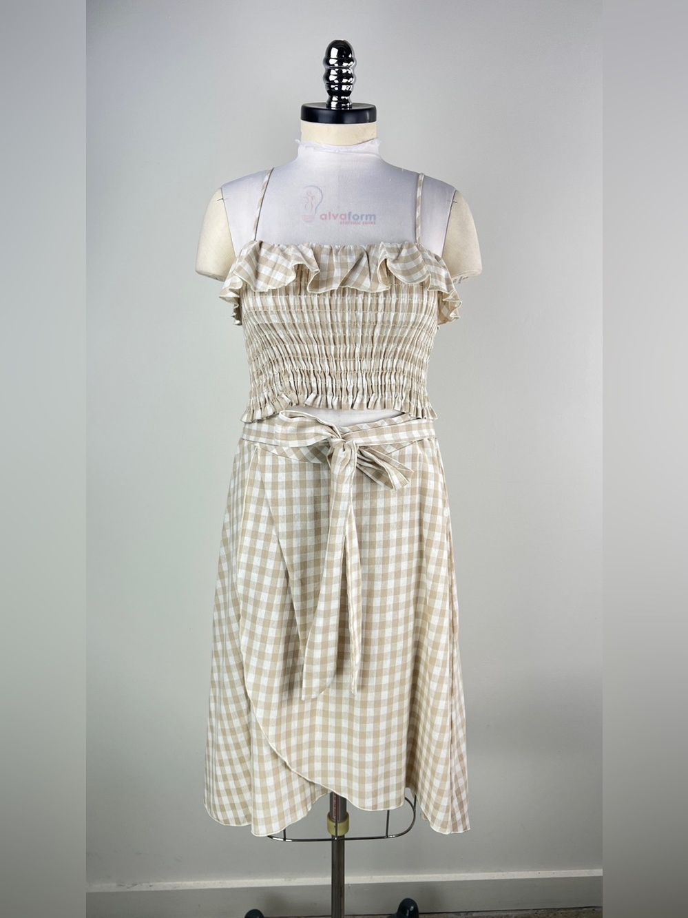 💚 3806. Beige Gingham Ruffle Midi Skirt & Smocked Top Set